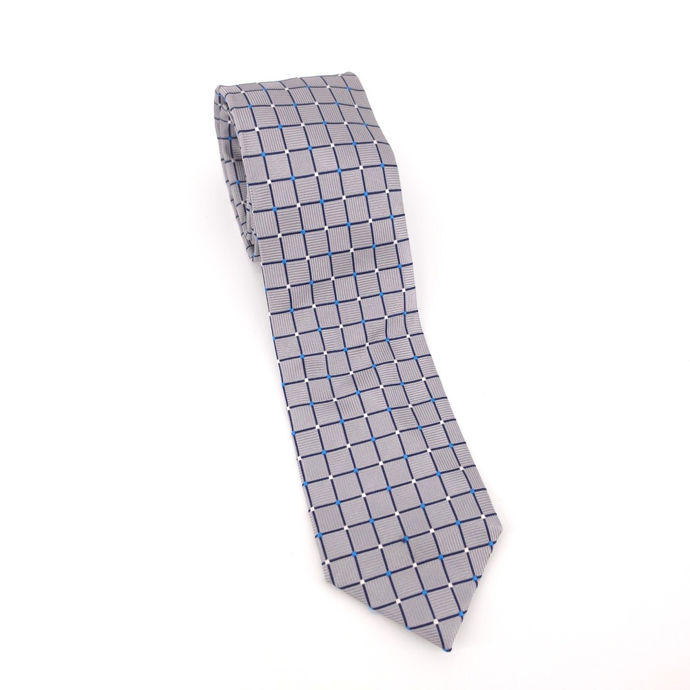 Jos. A. Bank Mens Tie 100% Silk Grey Blue Grid Pattern Executive‎ Collection